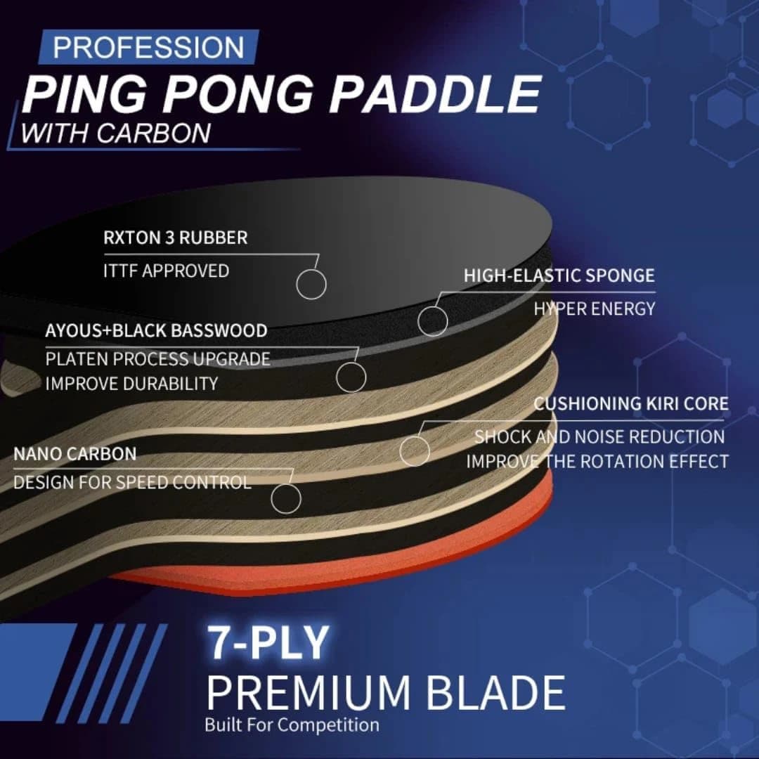 Table Tennis Racket Level 5 Layers Premium Carbon Blade with Rubber 
