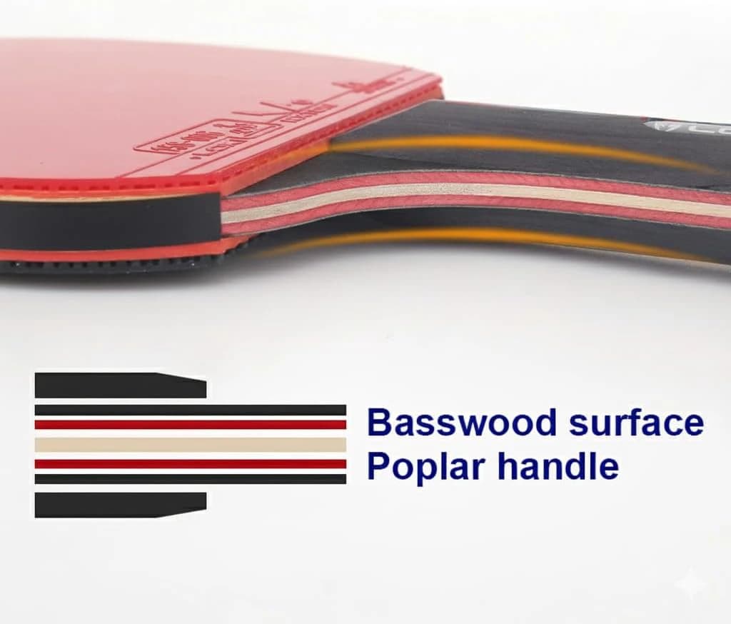 Table tennis racket with poplar handle and basswood deck, with carrying case