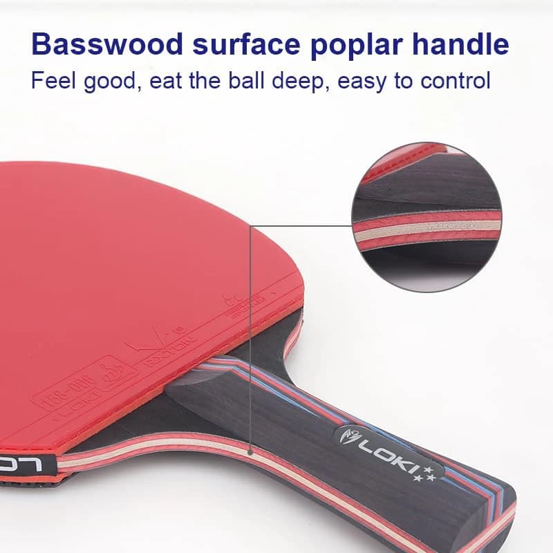 Table tennis racket with poplar handle and basswood deck, with carrying case