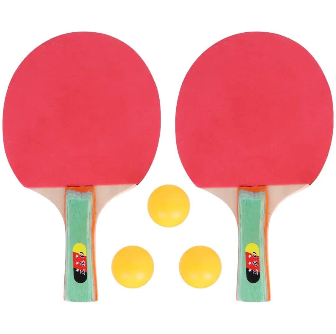 Two ping pong rackets + three table tennis balls ( Color may vary )