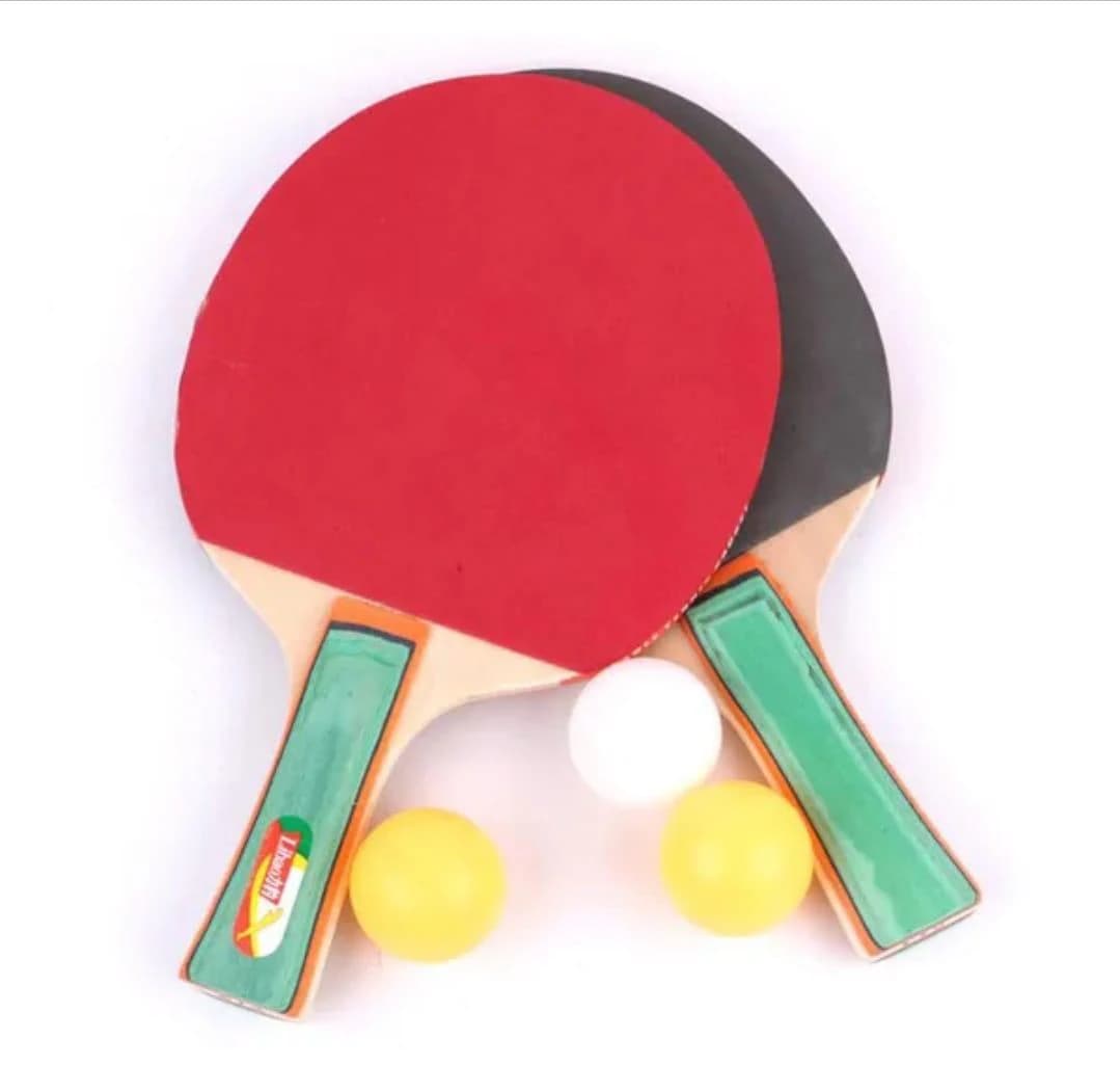 Two ping pong rackets + three table tennis balls ( Color may vary )