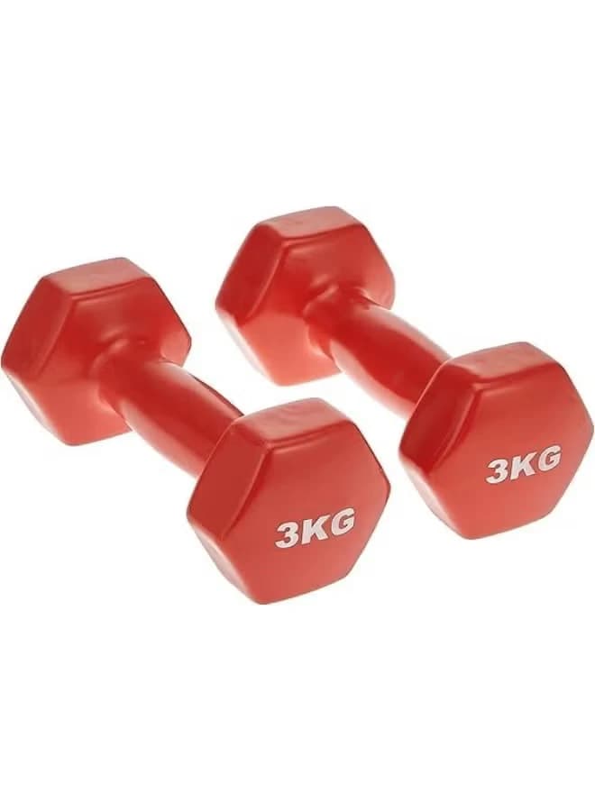 Vinyl-coated hexagonal dumbbell set - 3 kg each, red - Non-slip neoprene 