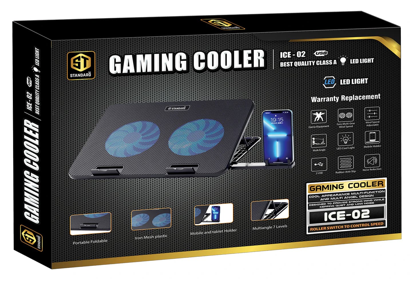 ICE-02 Laptop Cooler with Dual 125mm Fans LED Lighting Fits Up to 15.6 Laptops