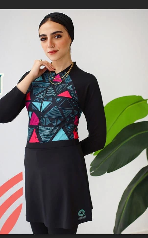 Trinity Black Modest Swimsuit with Colorful Patterns