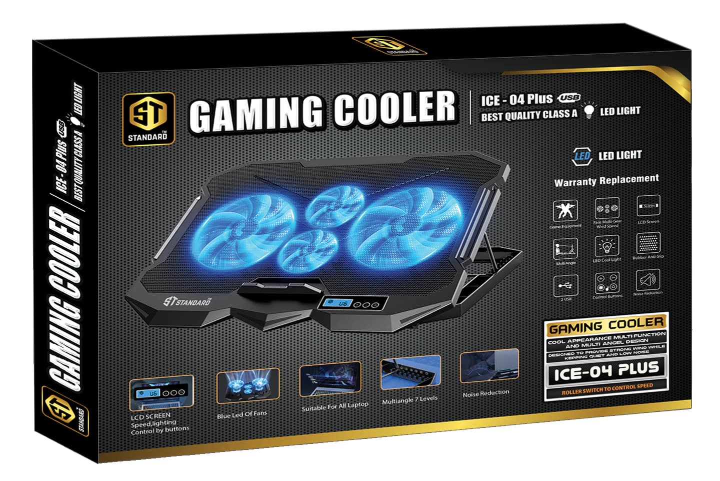 ICE04Plus Laptop Cooler 4-Fan Cooling Stand with LCD LED