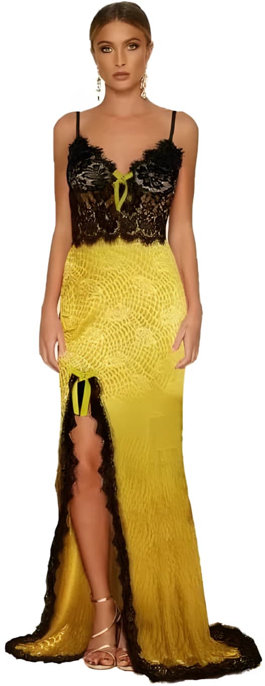 Yellow Lace Cap Chest Long Lingerie Nightgown