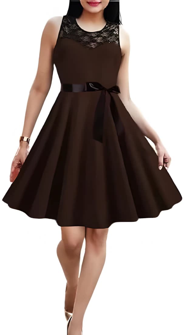 Black Satin Belt Sequined Escoba Women's Dress