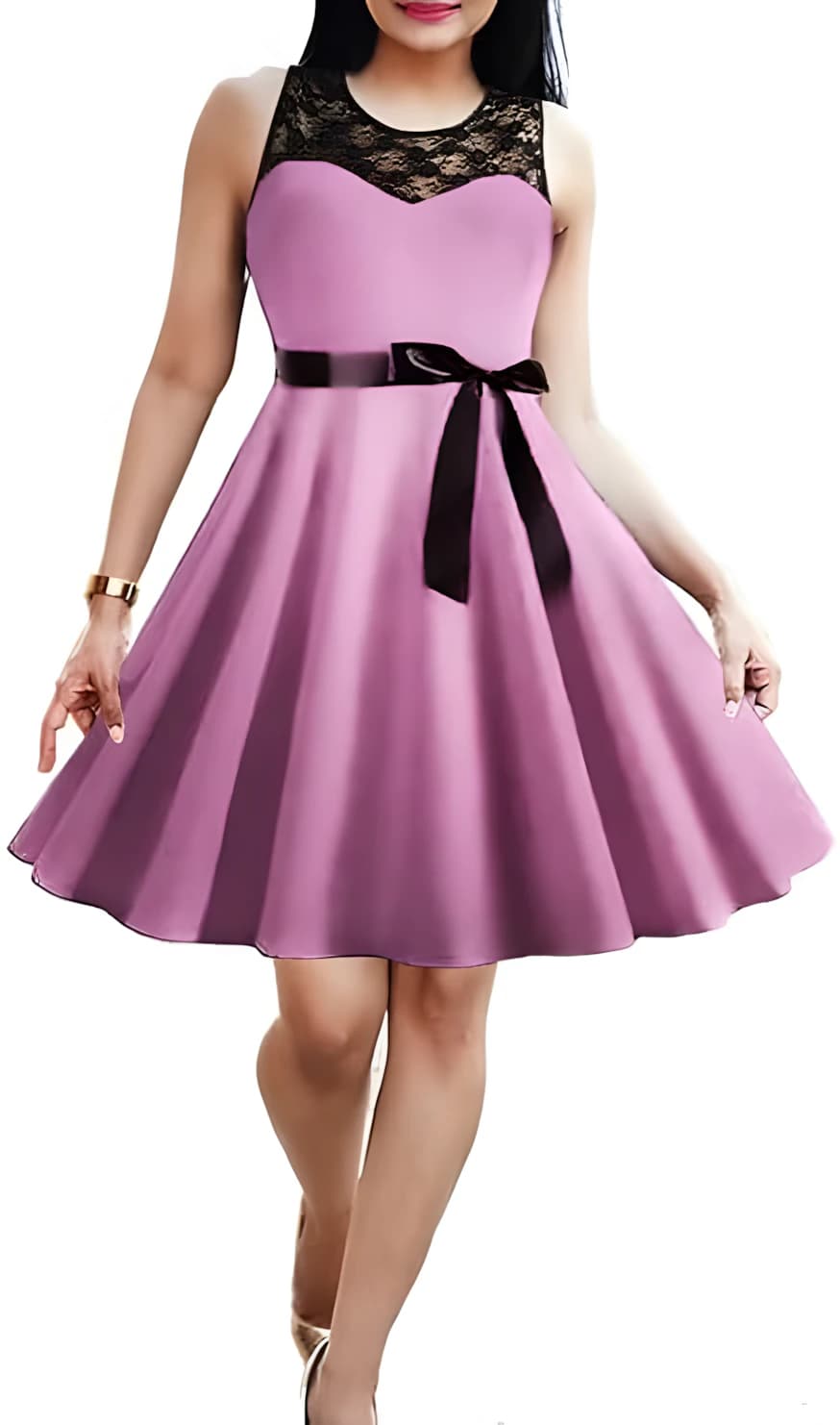 Women's Black Lace Appliques Light Purple Dress Satin Belt Black