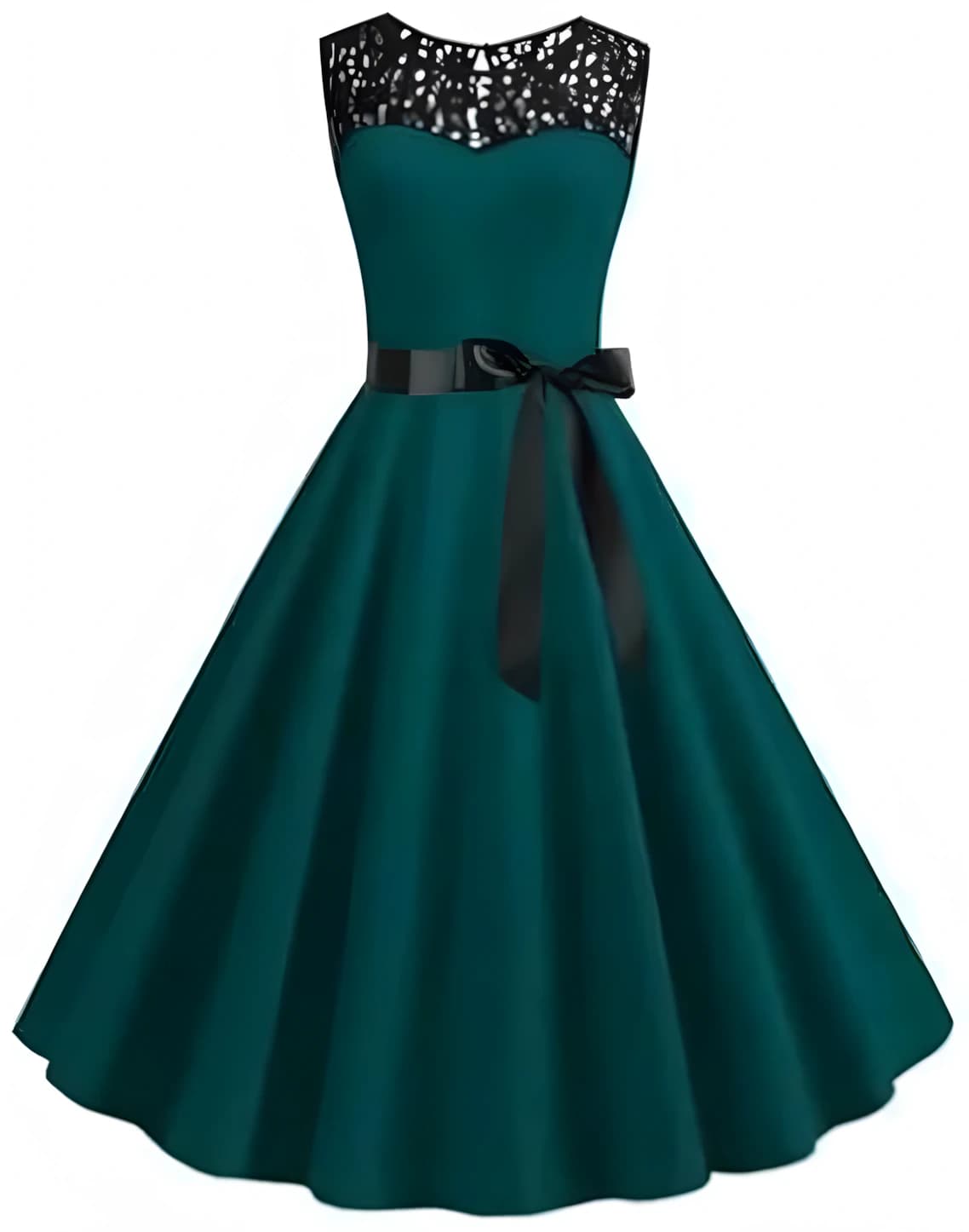 Green Women Black Lace Appliques Dress Satin Belt Black