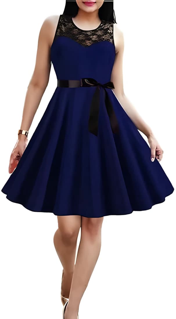 Navy Pleated Dress with Belt and Shoulder Black