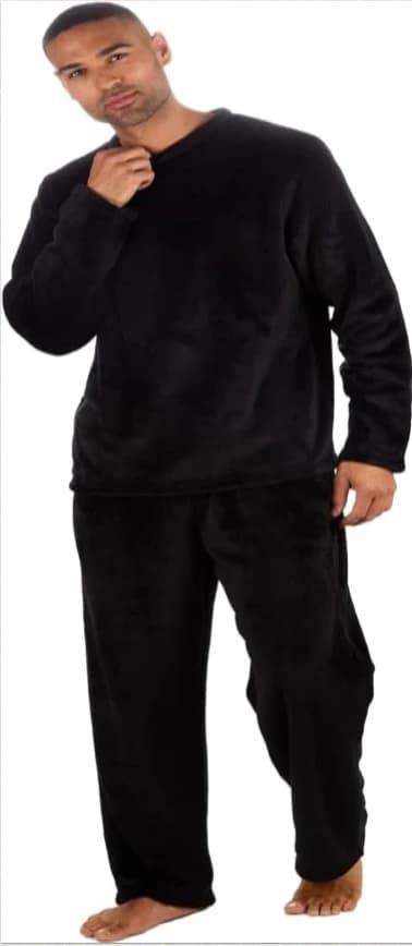 Men’s two-piece black velvet pajama set.