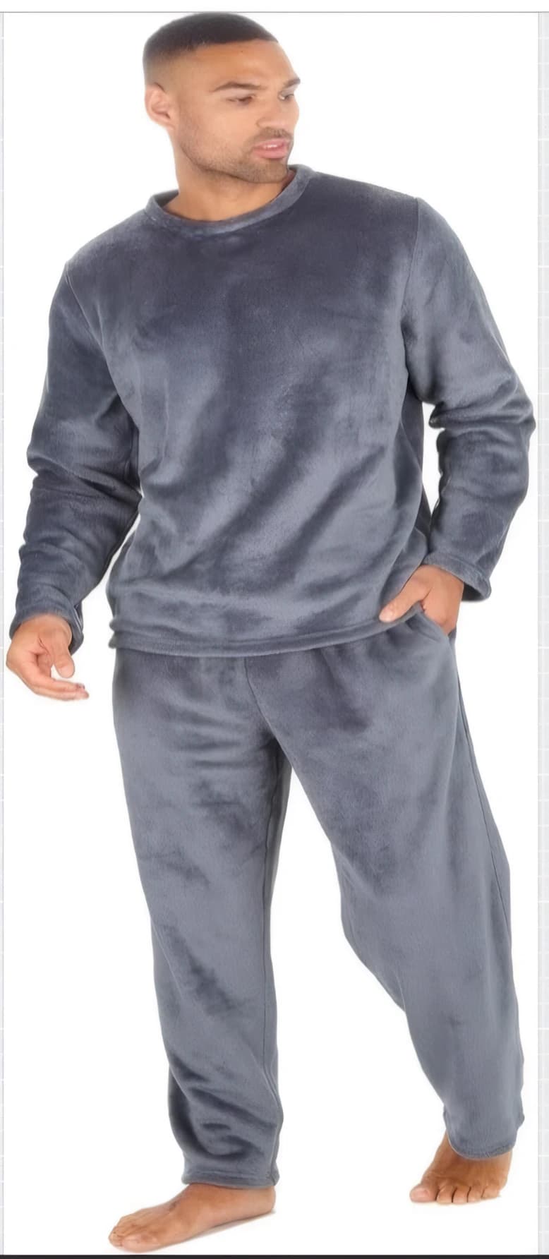 Mens two-piece velvet pajama set in grey color.