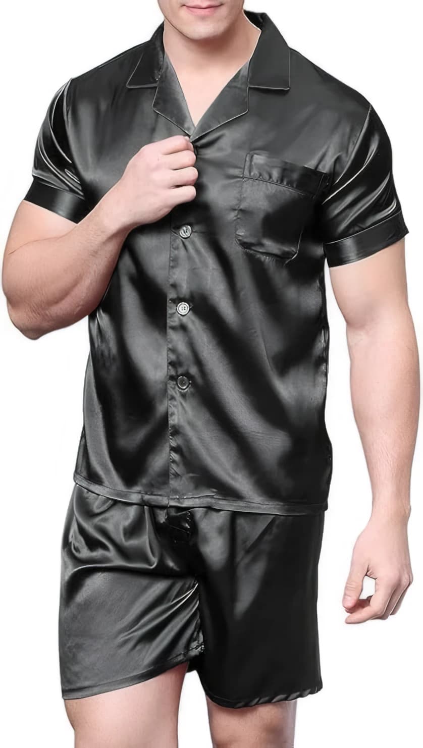 Mens short-sleeve satin pajamas with shorts