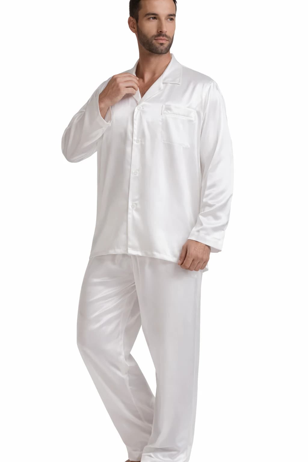 Mens satin pajama set with buttons and long sleeves.