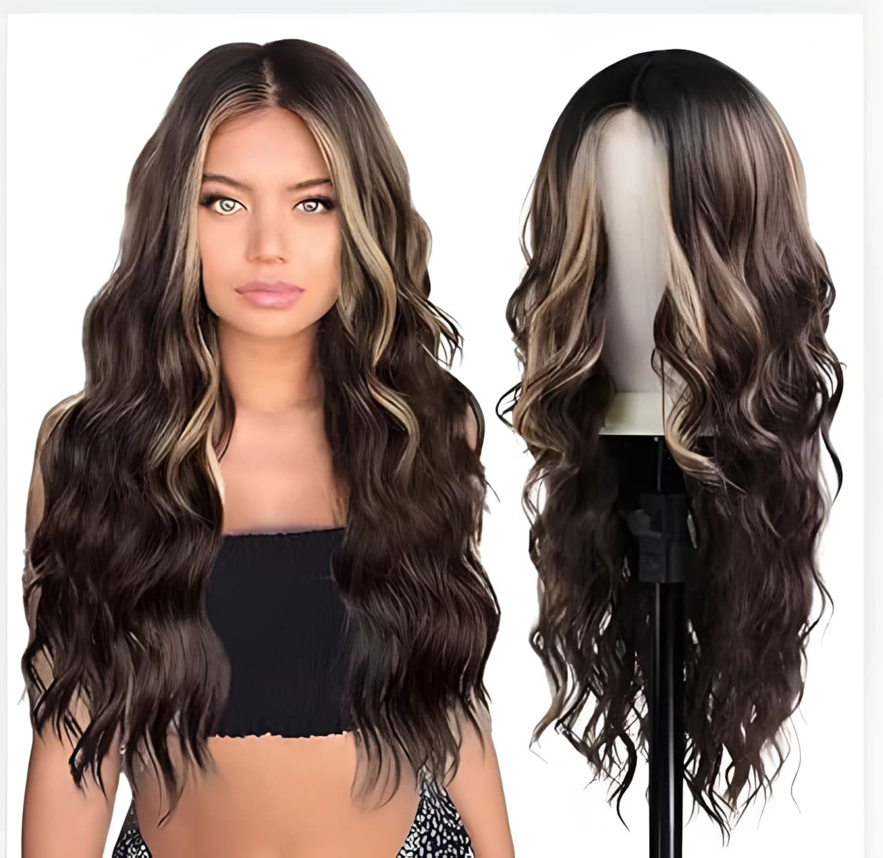 Long wavy brown and gold ombre wig – synthetic hair fashion style for women.