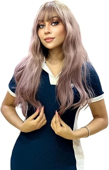 Long Wavy Bangs Rose Silver Wig with Light Roots for Women