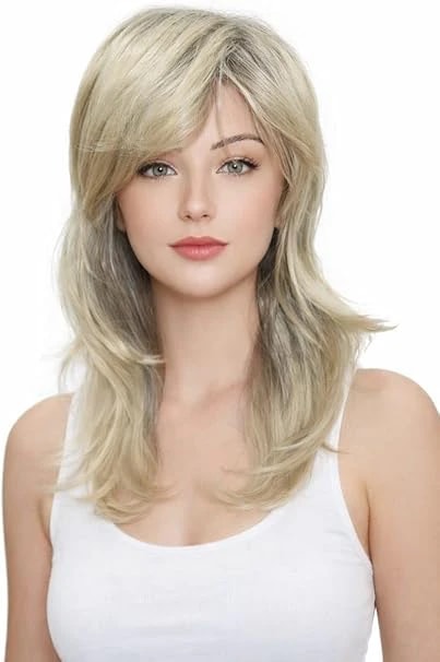 Long wavy wigs for women blonde wigs with bangs side bangs natural looking.