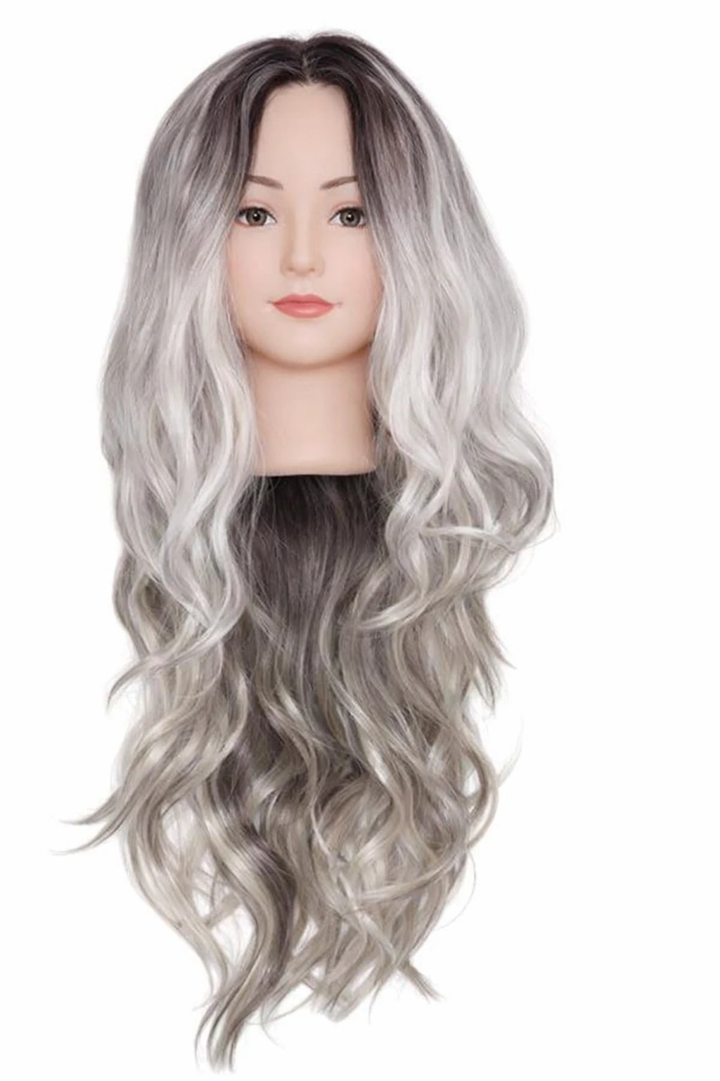 Long wavy wig silver gray with dark roots synthetic hair