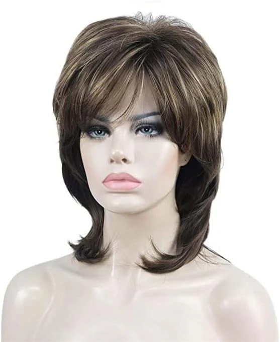 Women's Short Layered Wig Brown Highlight Synthetic Wig with Side Bangs