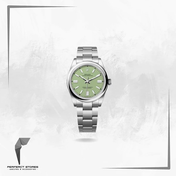 Rolex Oyster Perpetual watch with a pistachio green dial