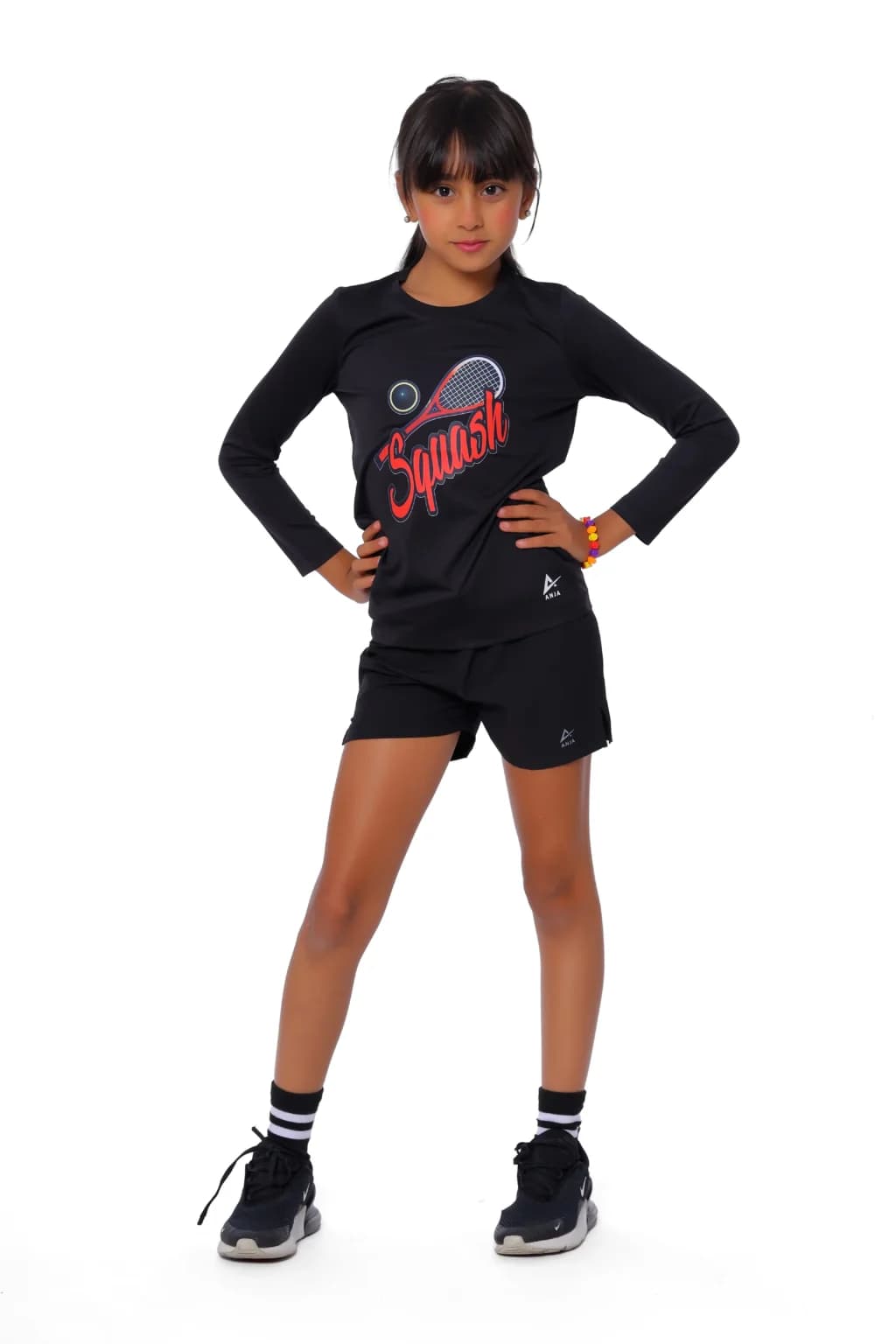 Girls Black Long Sleeve Squash T-Shirt Breathable Fabric