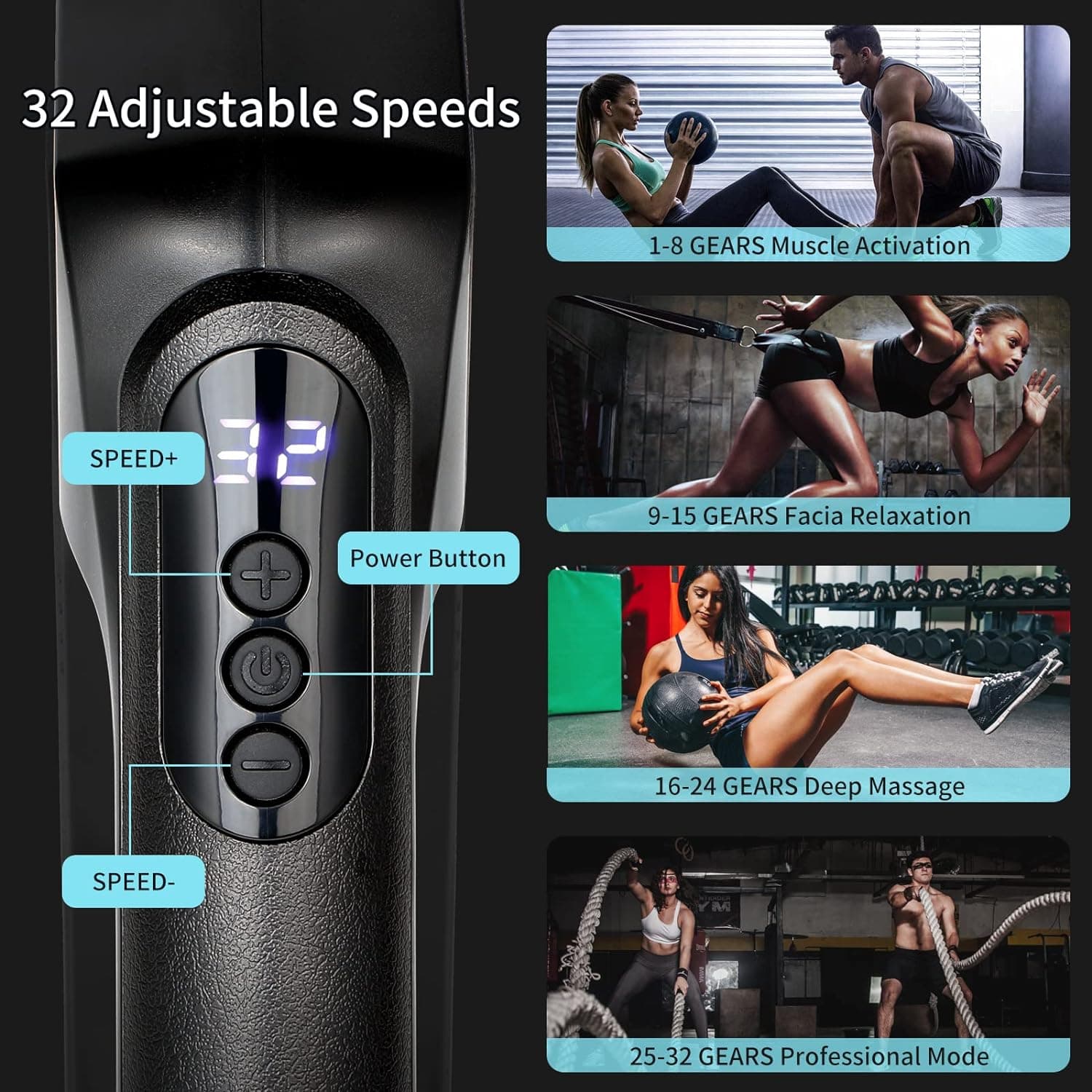 WESKIFAN Massage Gun Deep Tissue Handheld with 32 Speed Levels 8 Massage Heads L