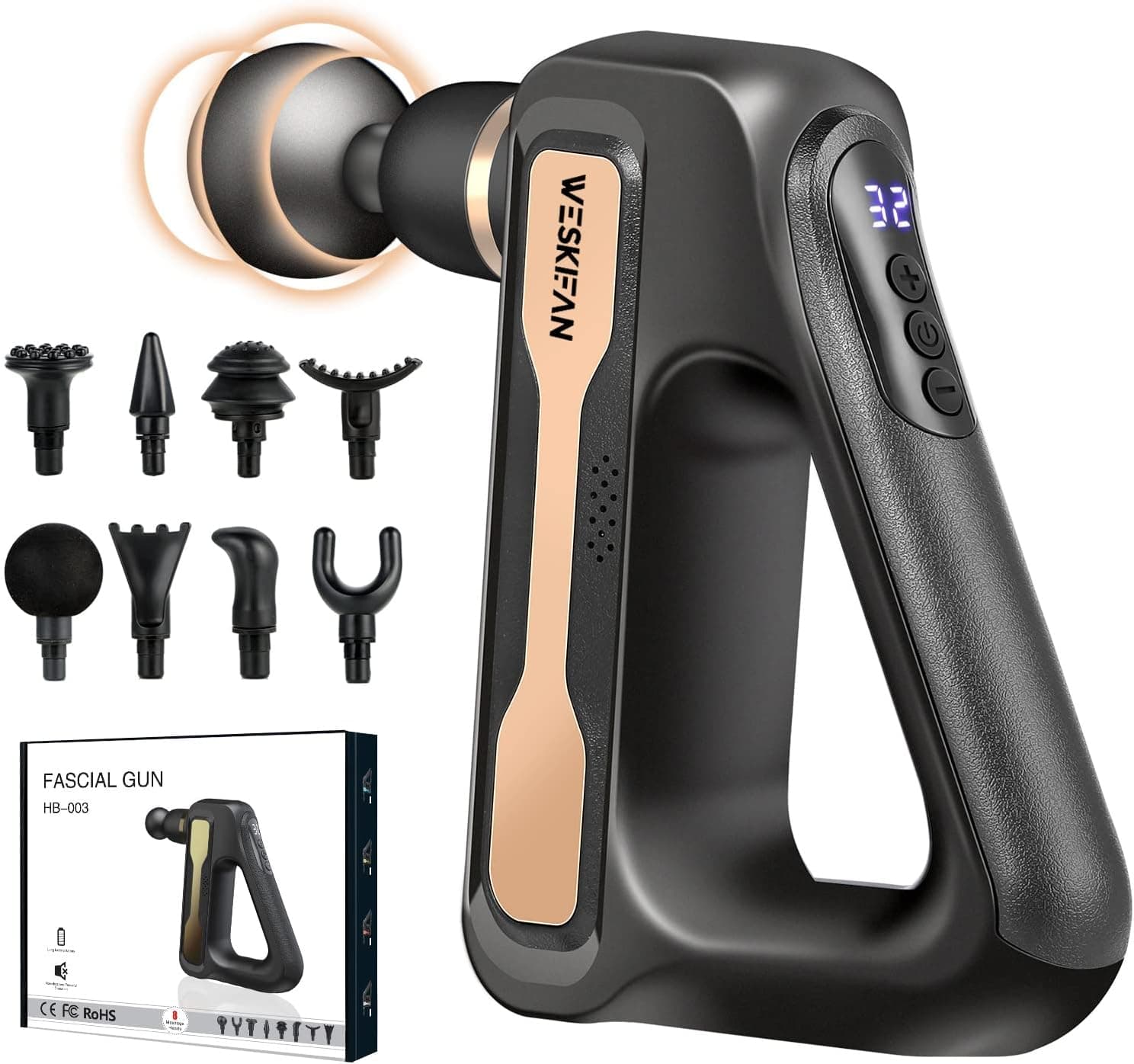 WESKIFAN Massage Gun Deep Tissue Handheld with 32 Speed Levels 8 Massage Heads L
