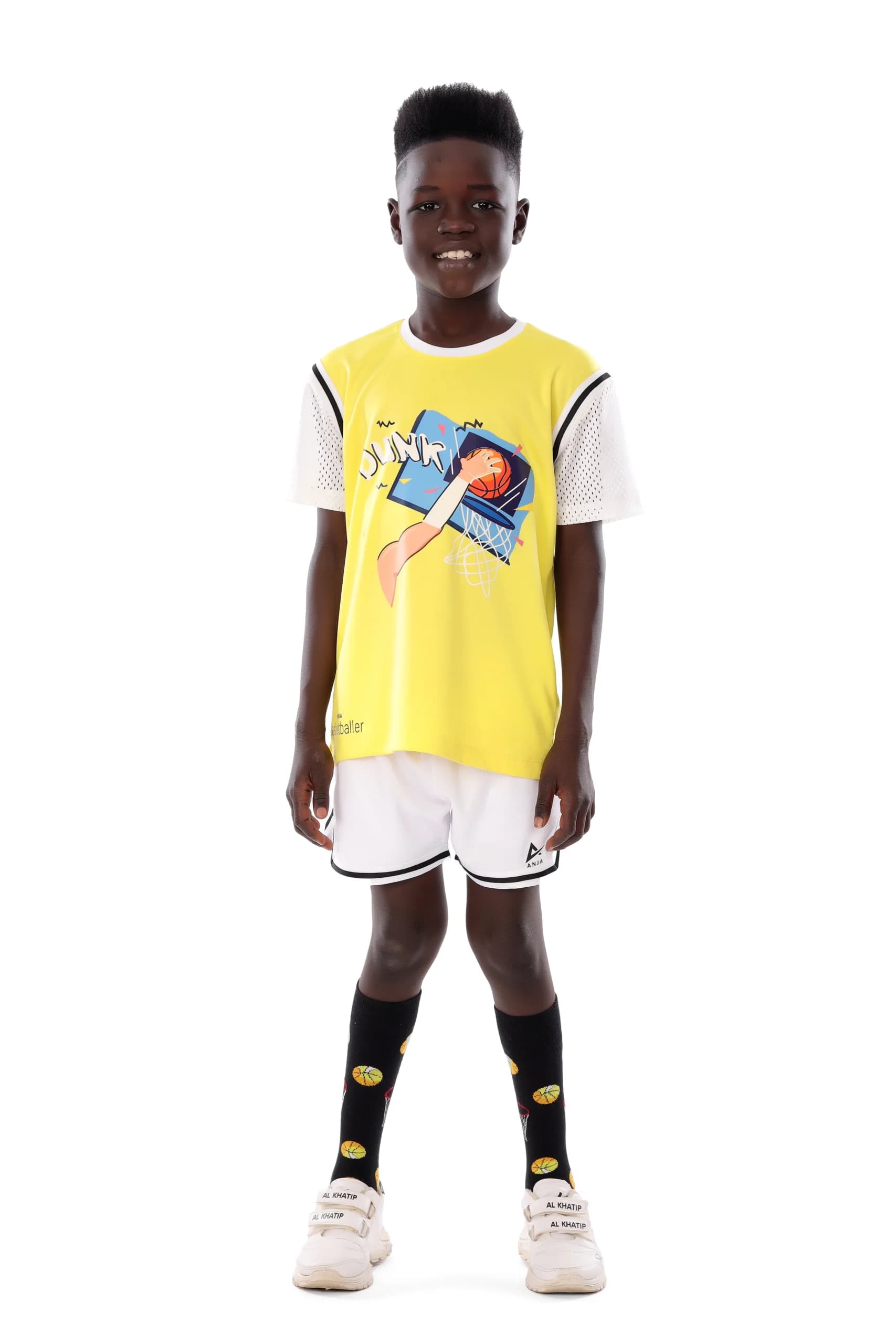 Boys Yellow and White Basketball T-Shirt Comfortable, Half-Sleeve Design
