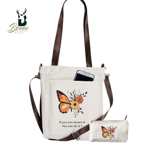 Girls Tote Bag For University And Daily Use - Beige With Free Pencil Case