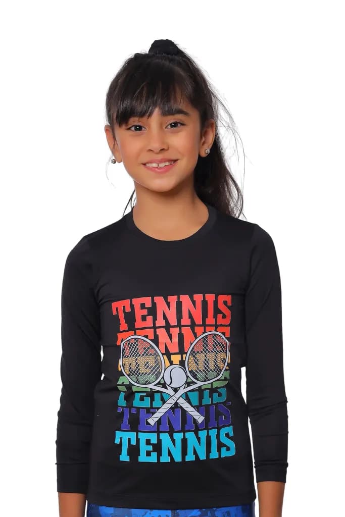 Girls Black Long Sleeve Tennis T-Shirt Breathable Fabric