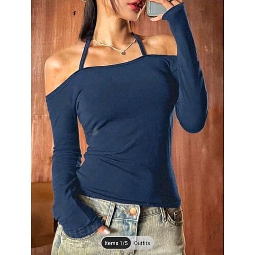 Martina Store Off Shoulder Womens Cotton Stretch Sleeve - Navy