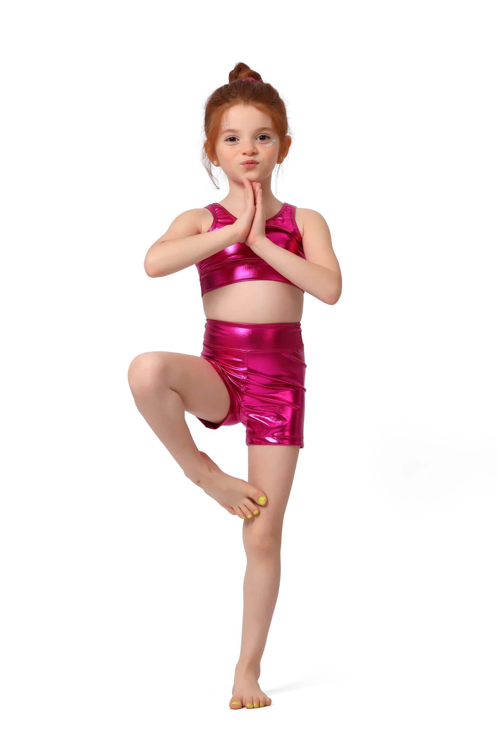 Girls Metallic Hot Pink Gymnastics Training Set Stretch Lycra Fabric
