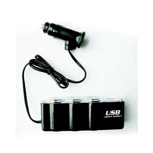 3-Socket USB Vehicle Power Supply Expansion Adapter - Black